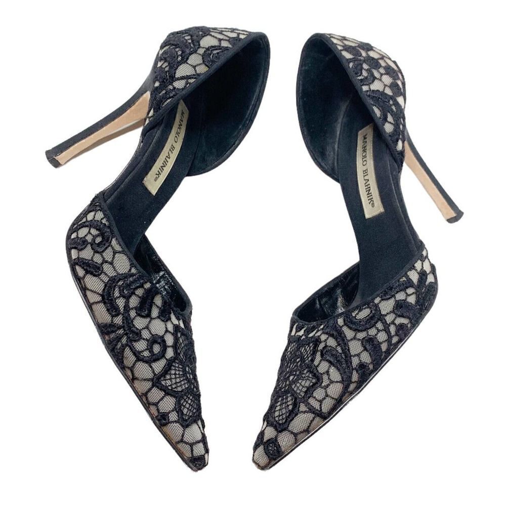 Manolo Blahnik Shoes Women’s Lignon Fabric Black Lace D'orsay High Heels Size 39